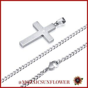 NWT STAINLESS STEEL CROSS LORD'S PRAYER/OUR FATHER INSCRIBED BOX CHAIN NECKLACE